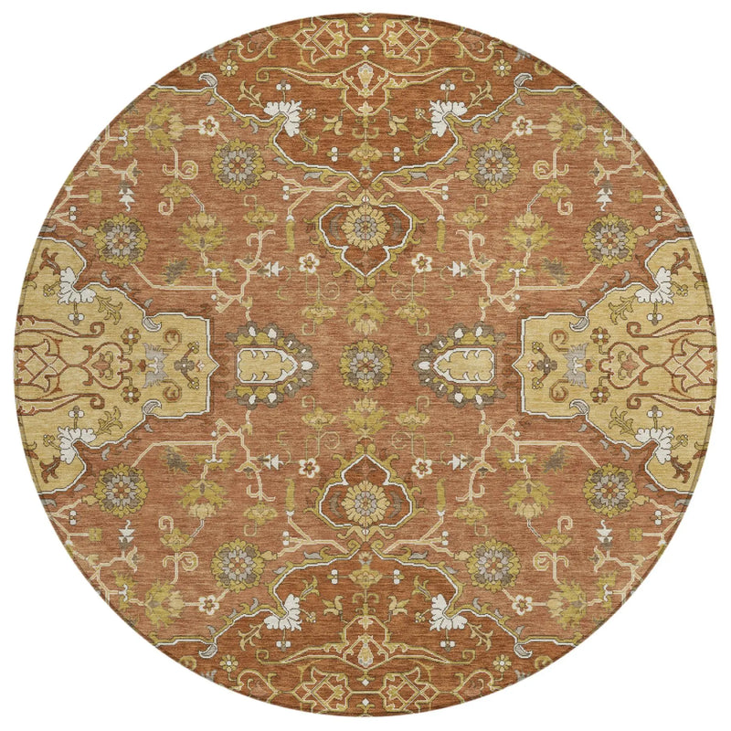 8' Orange And Brown Round Oriental Washable Indoor Outdoor Area Rug Homeroots Outdoor