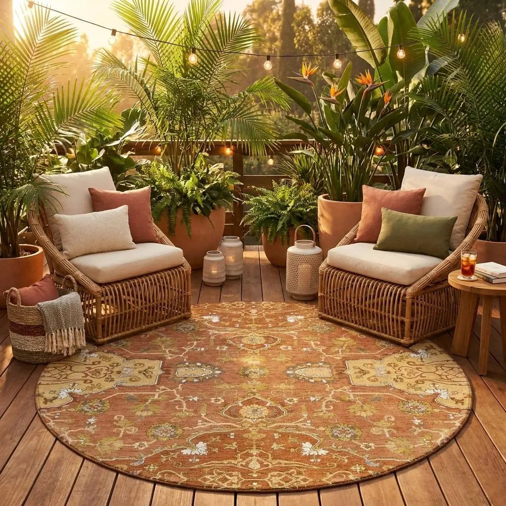 8' Orange And Brown Round Oriental Washable Indoor Outdoor Area Rug Homeroots Outdoor