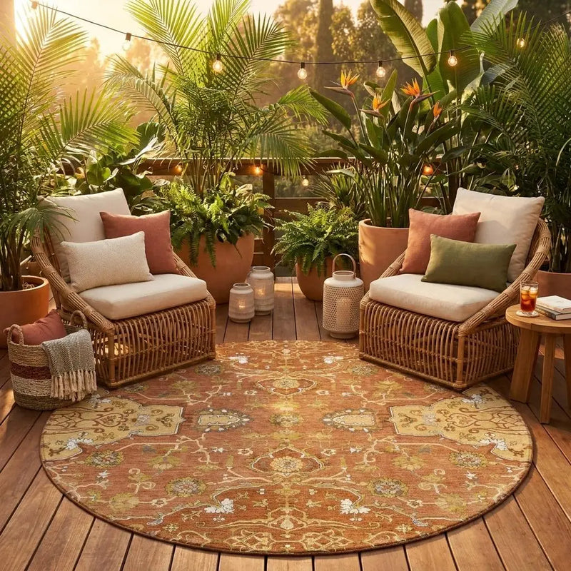 8' Orange And Brown Round Oriental Washable Indoor Outdoor Area Rug Homeroots Outdoor