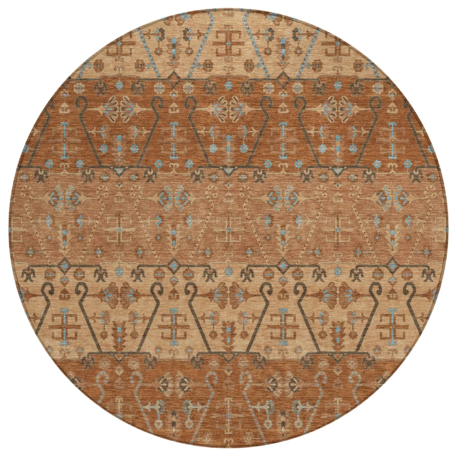 8' Orange And Brown Round Oriental Washable Indoor Outdoor Area Rug Homeroots Outdoor
