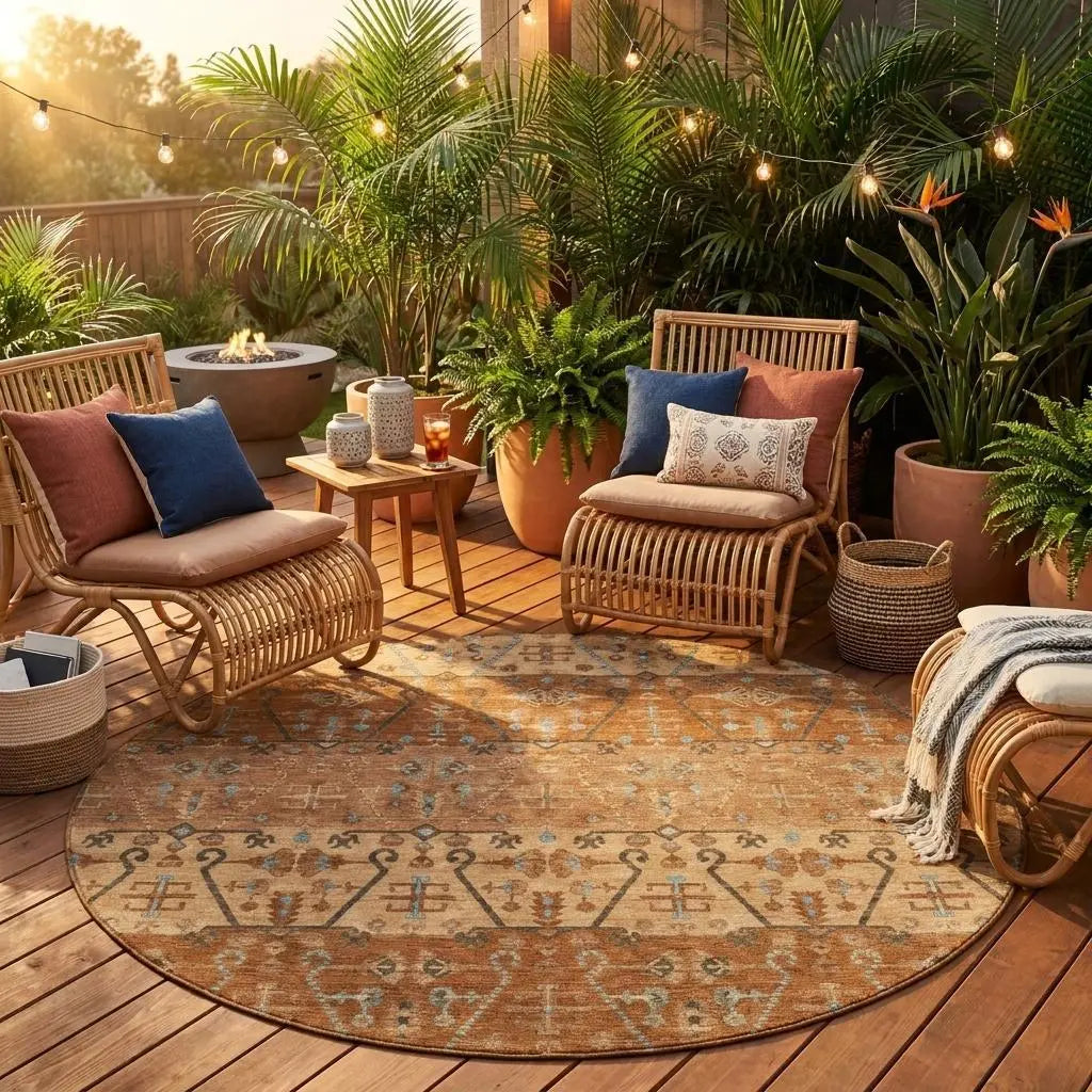 8' Orange And Brown Round Oriental Washable Indoor Outdoor Area Rug Homeroots Outdoor
