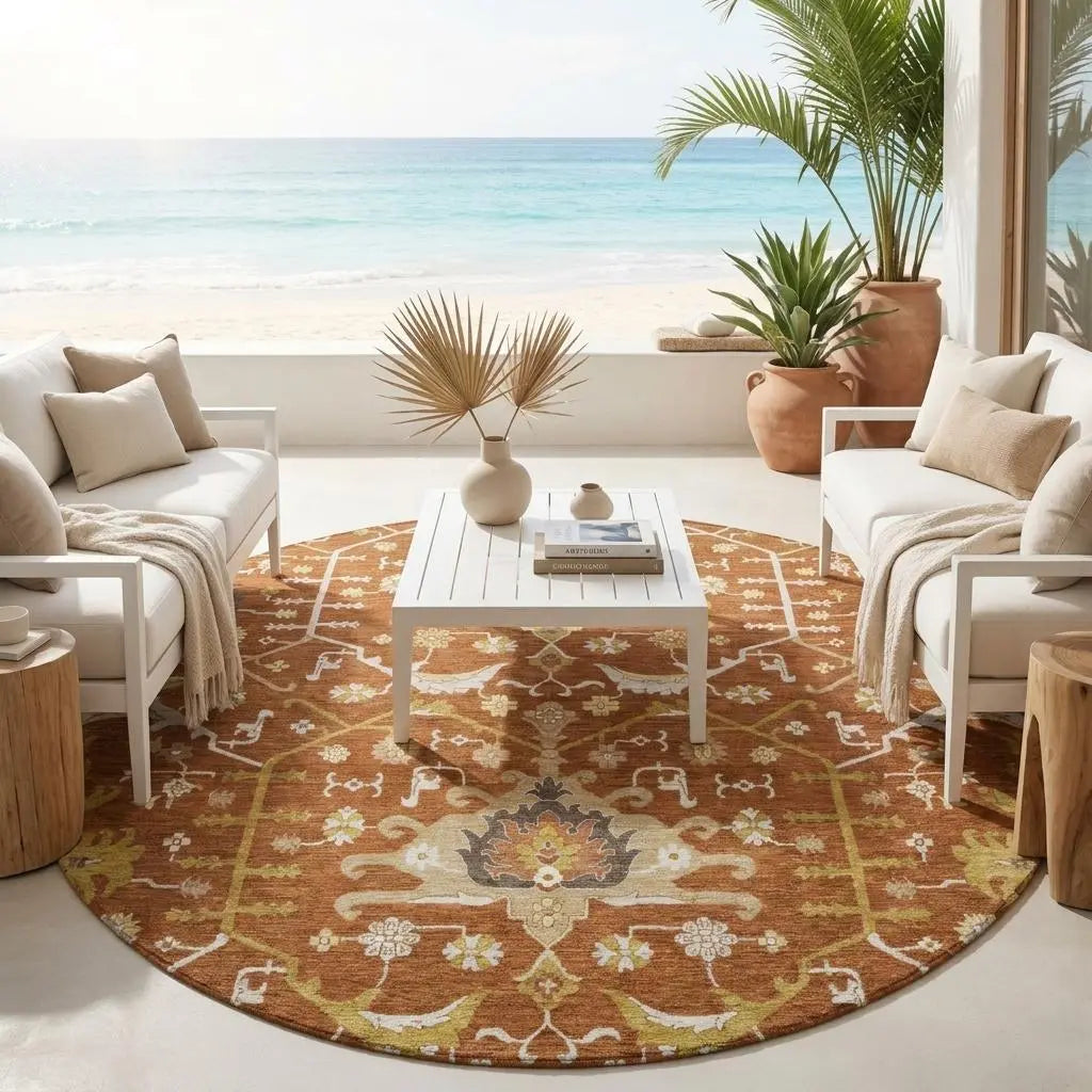8' Orange And Brown Round Oriental Washable Indoor Outdoor Area Rug Homeroots Outdoor
