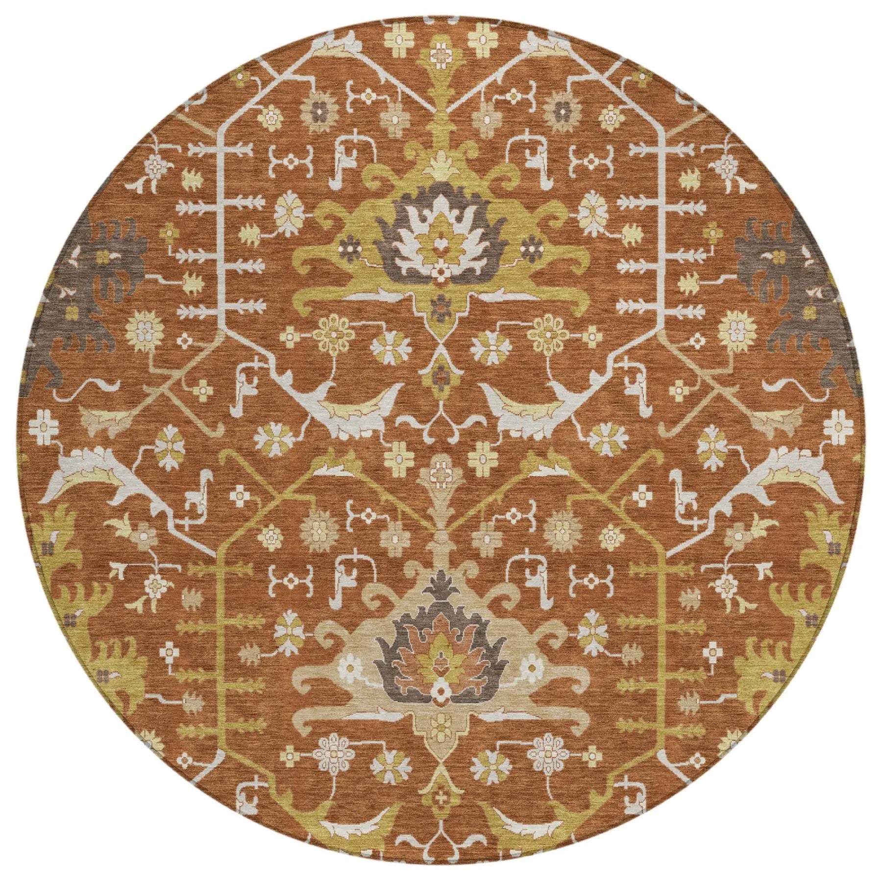 8' Orange And Brown Round Oriental Washable Indoor Outdoor Area Rug Homeroots Outdoor