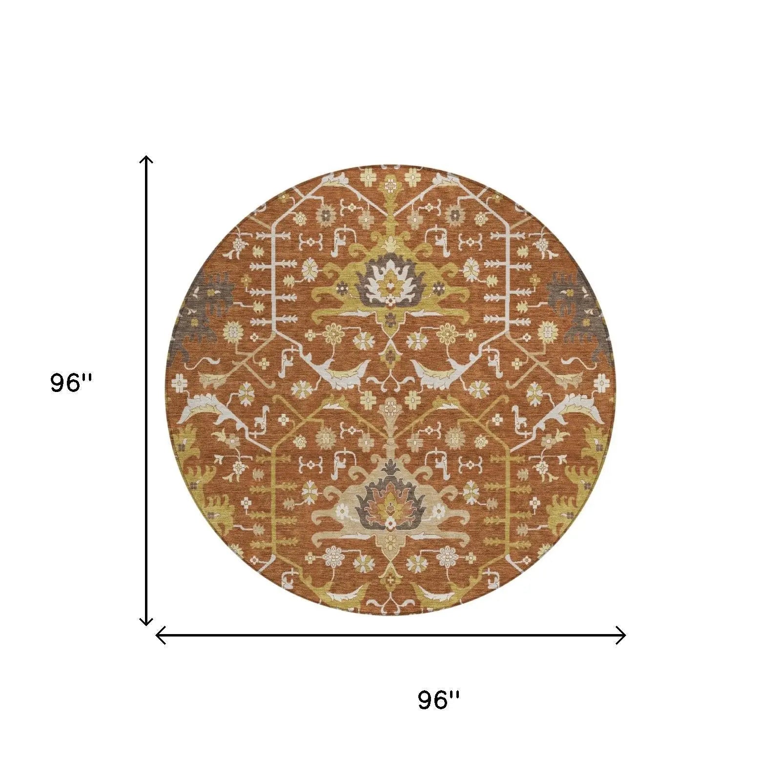 8' Orange And Brown Round Oriental Washable Indoor Outdoor Area Rug Homeroots Outdoor