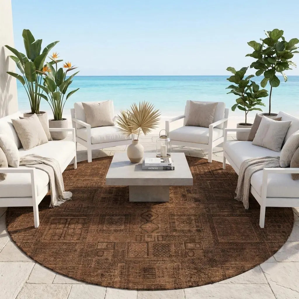8' Orange And Brown Round Oriental Washable Indoor Outdoor Area Rug Homeroots Outdoor