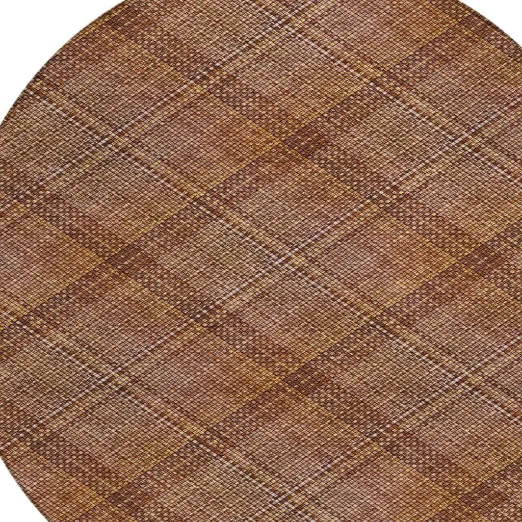 8' Orange And Brown Round Plaid Washable Indoor Outdoor Area Rug Homeroots Outdoor