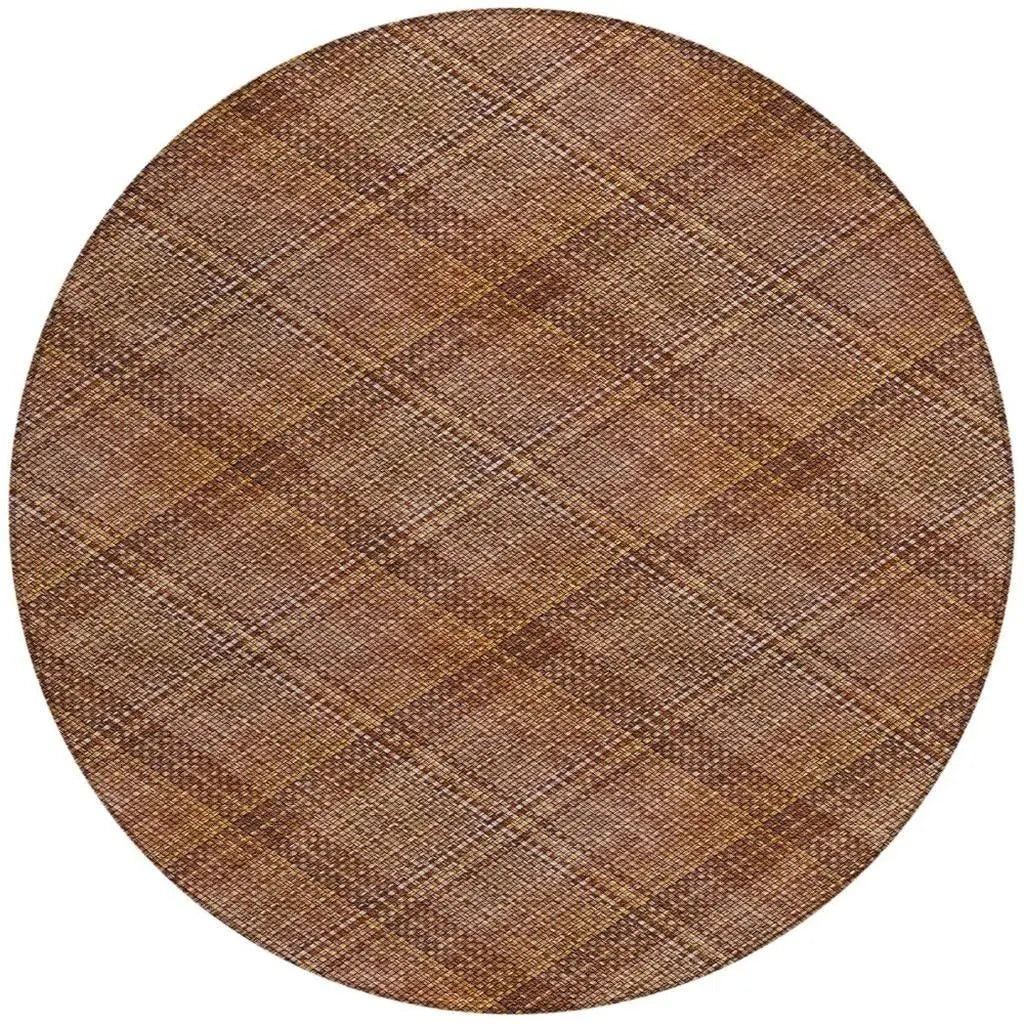 8' Orange And Brown Round Plaid Washable Indoor Outdoor Area Rug Homeroots Outdoor