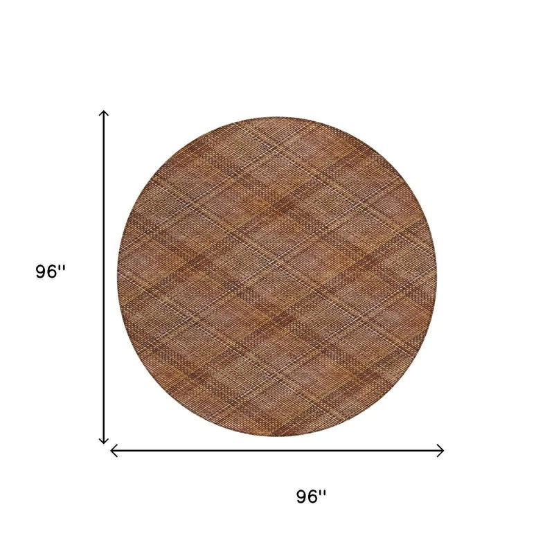 8' Orange And Brown Round Plaid Washable Indoor Outdoor Area Rug Homeroots Outdoor