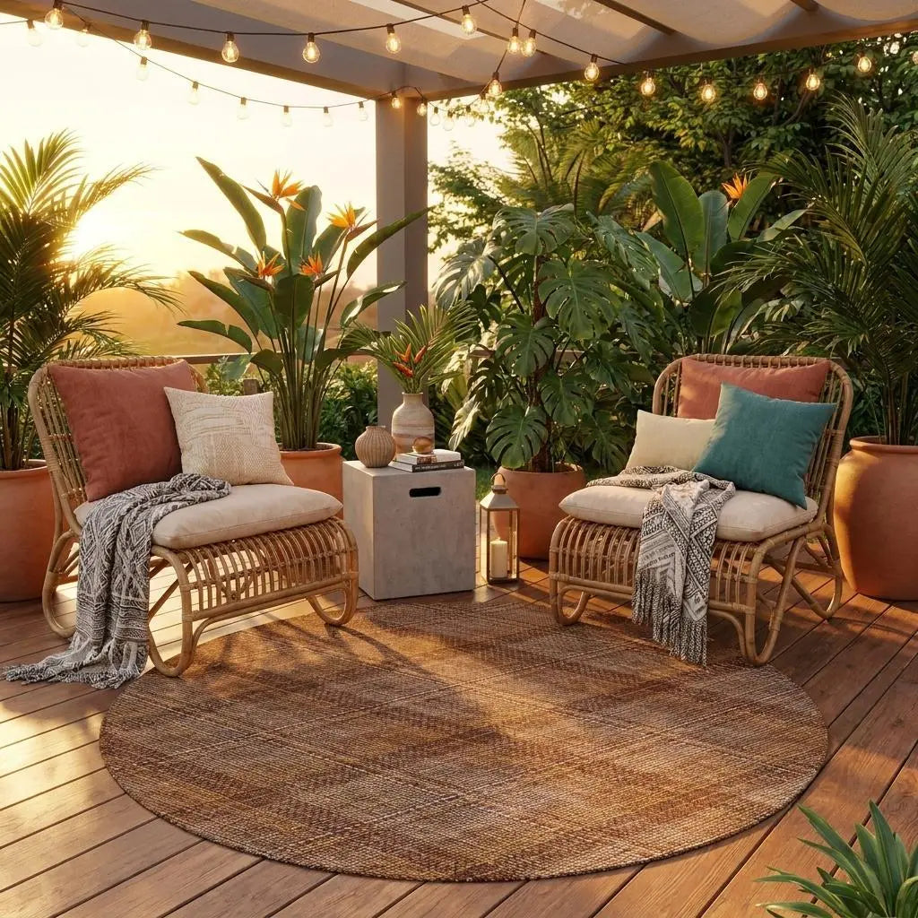 8' Orange And Brown Round Plaid Washable Indoor Outdoor Area Rug Homeroots Outdoor