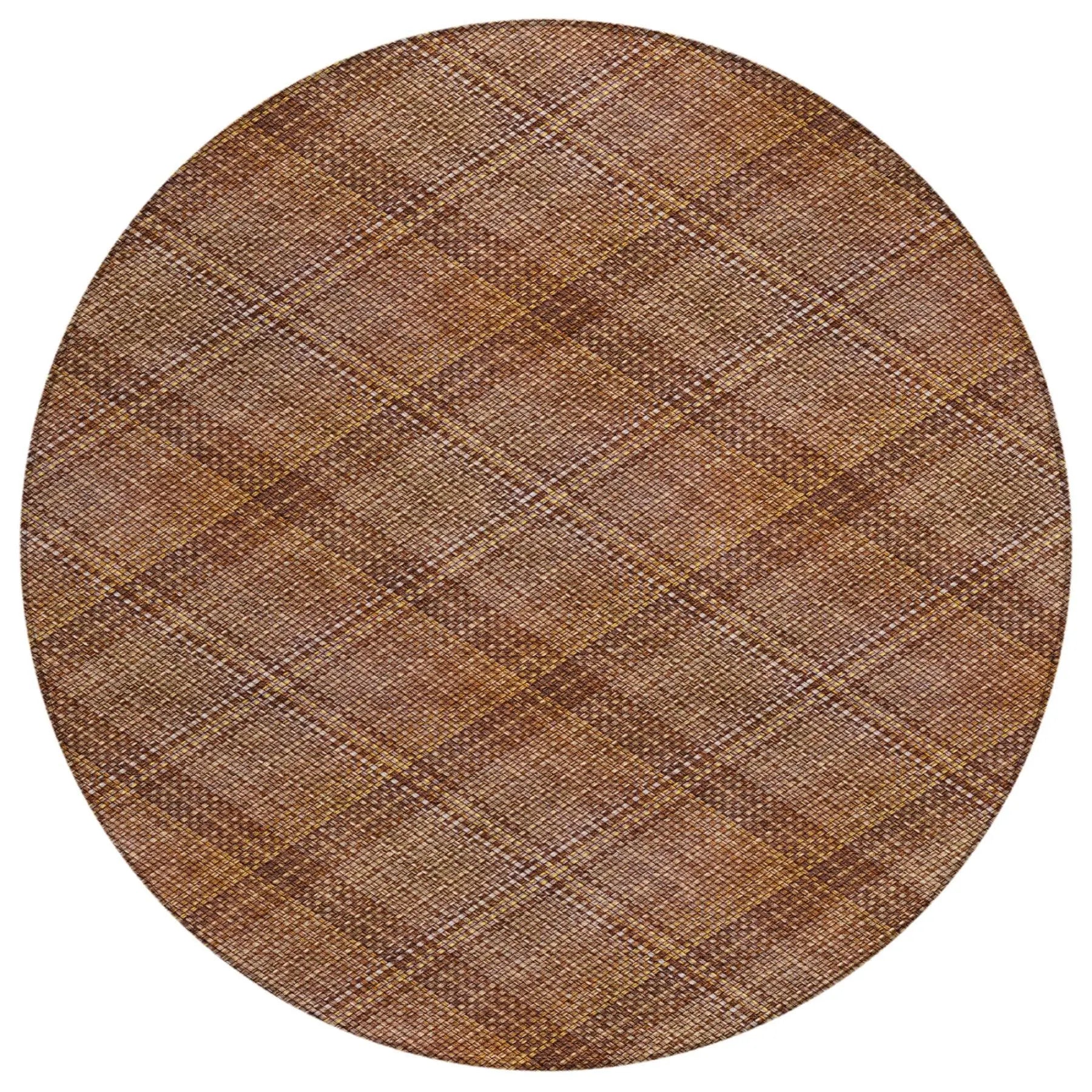 8' Orange And Brown Round Plaid Washable Indoor Outdoor Area Rug Homeroots Outdoor