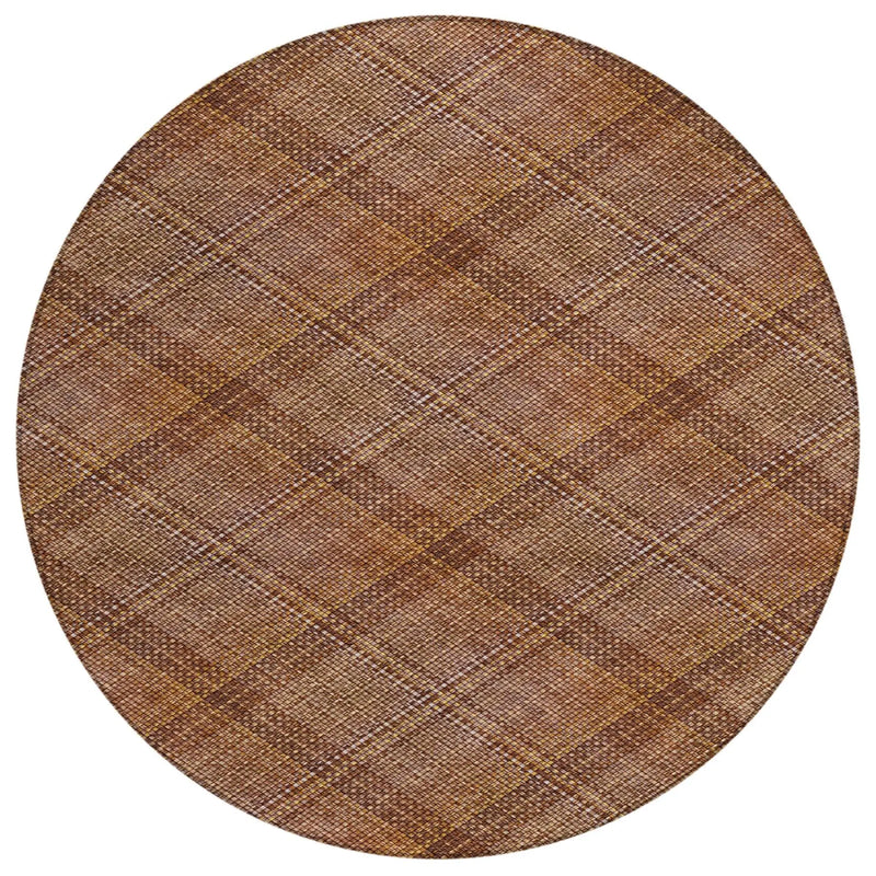 8' Orange And Brown Round Plaid Washable Indoor Outdoor Area Rug Homeroots Outdoor