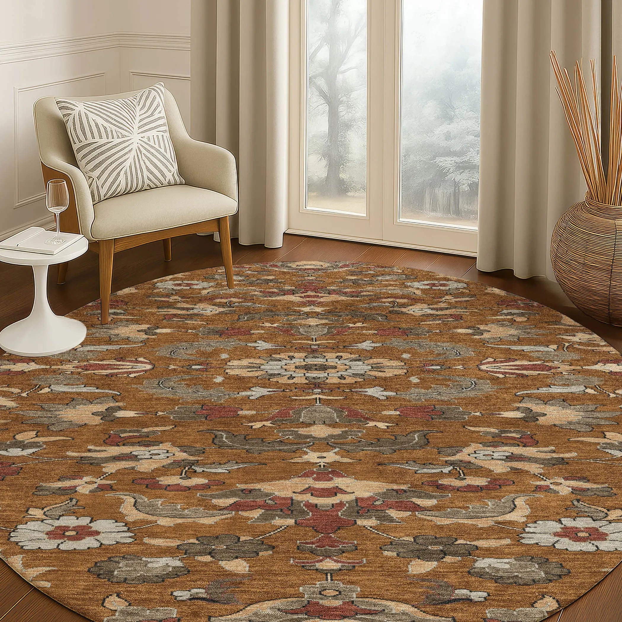 8' Orange And Burgundy Round Floral Medallion Washable Indoor Outdoor Area Rug Homeroots Outdoor