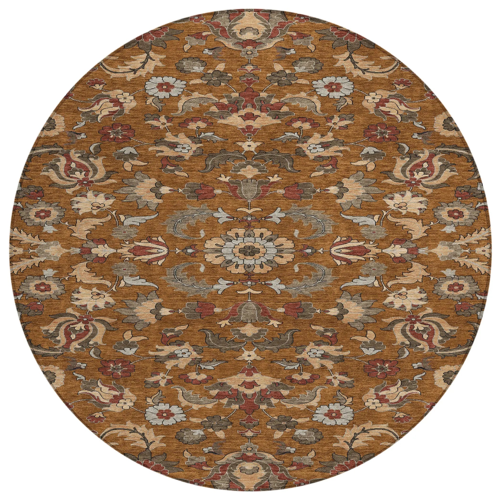 8' Orange And Burgundy Round Floral Medallion Washable Indoor Outdoor Area Rug Homeroots Outdoor