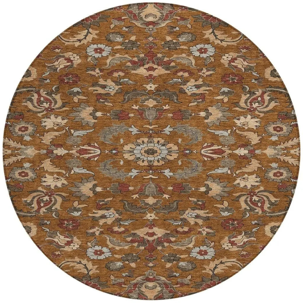 8' Orange And Burgundy Round Floral Medallion Washable Indoor Outdoor Area Rug Homeroots Outdoor