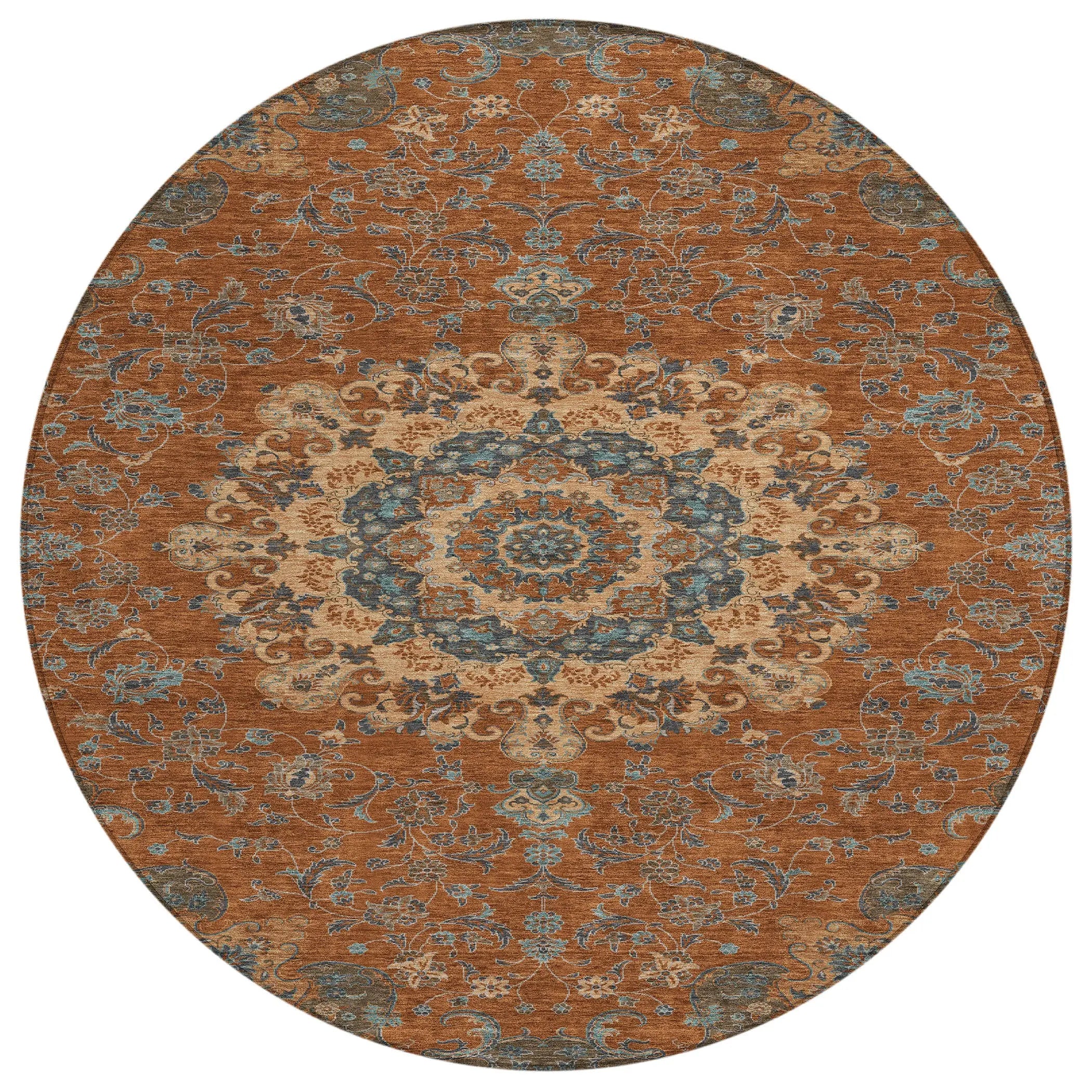 8' Orange And Charcoal Round Floral Medallion Washable Indoor Outdoor Area Rug Homeroots Outdoor