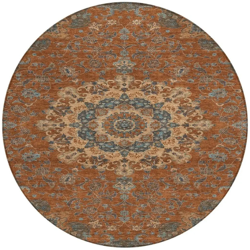 8' Orange And Charcoal Round Floral Medallion Washable Indoor Outdoor Area Rug Homeroots Outdoor