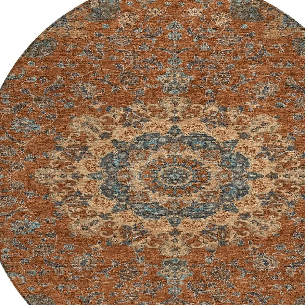 8' Orange And Charcoal Round Floral Medallion Washable Indoor Outdoor Area Rug Homeroots Outdoor