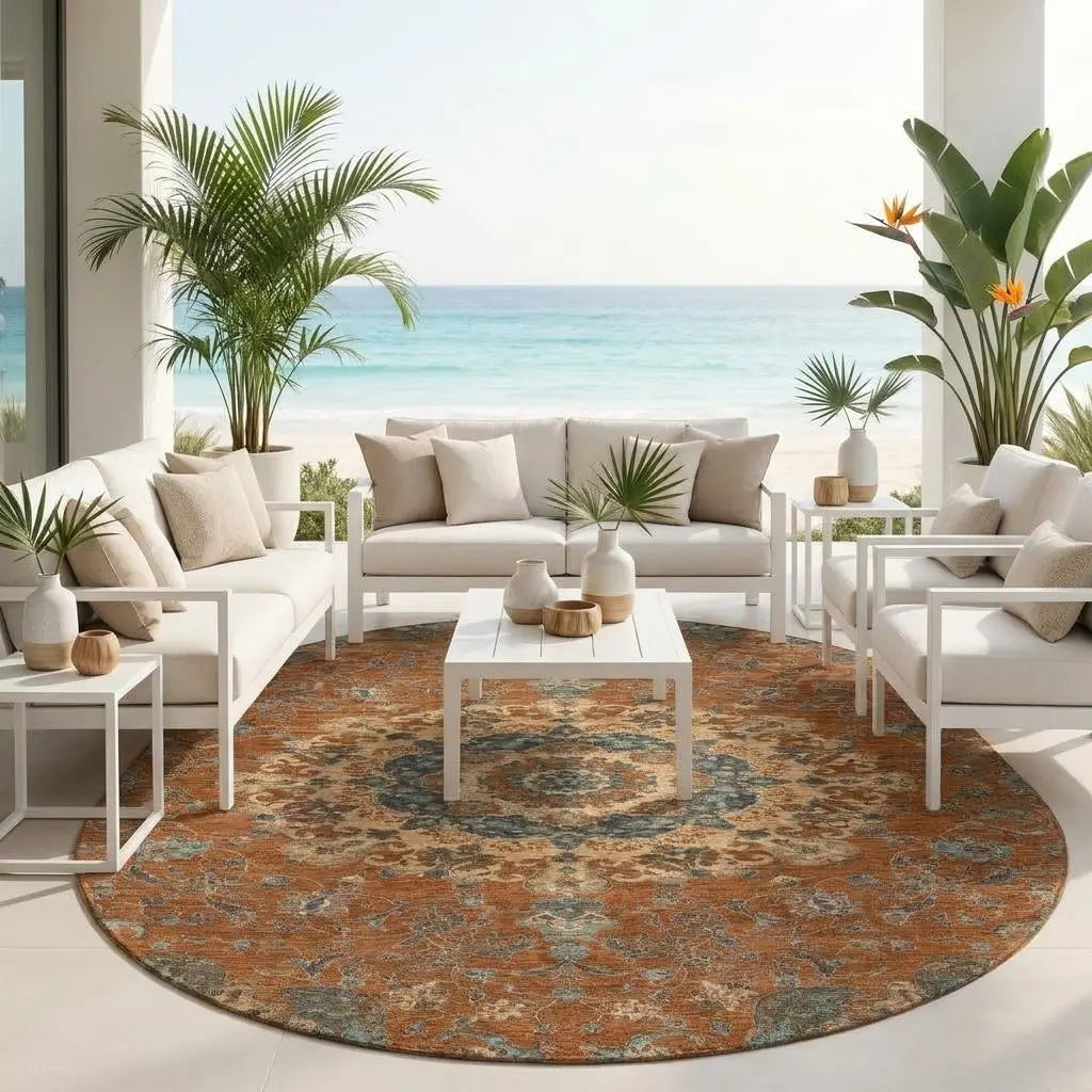 8' Orange And Charcoal Round Floral Medallion Washable Indoor Outdoor Area Rug Homeroots Outdoor