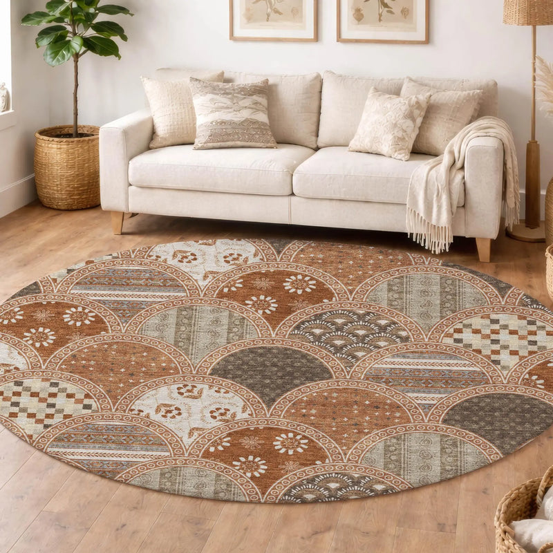 8' Orange And Chocolate Round Geometric Washable Indoor Outdoor Area Rug Homeroots Outdoor