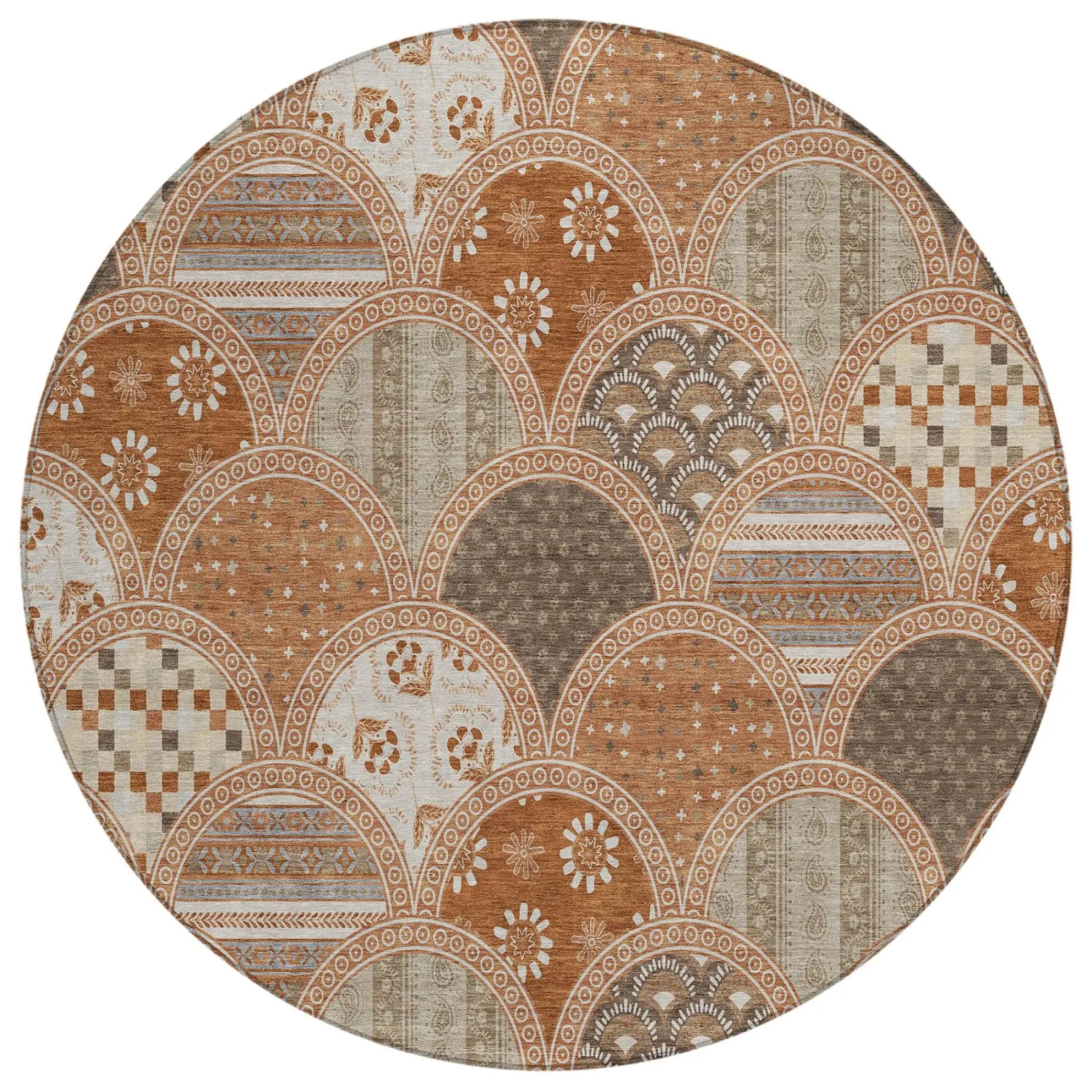 8' Orange And Chocolate Round Geometric Washable Indoor Outdoor Area Rug Homeroots Outdoor