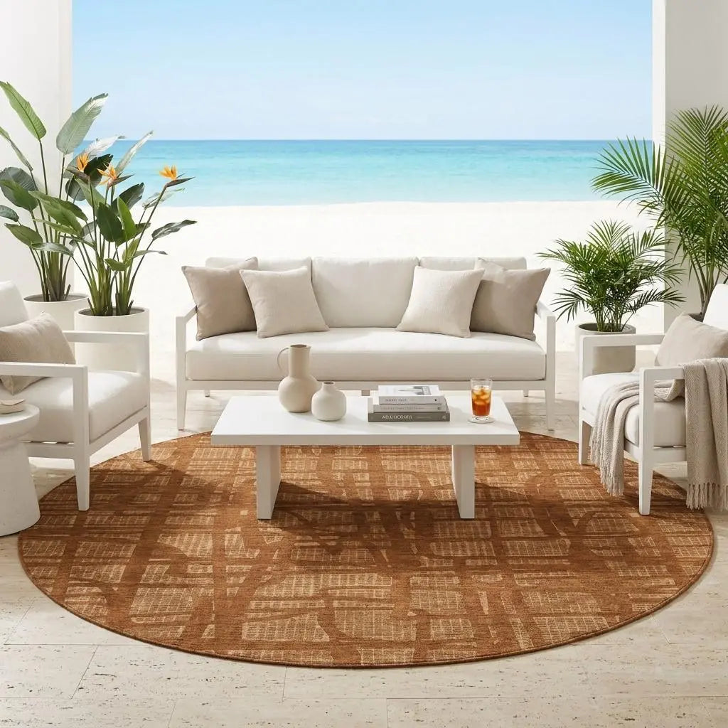 8' Orange And Copper Round Abstract Washable Indoor Outdoor Area Rug Homeroots Outdoor