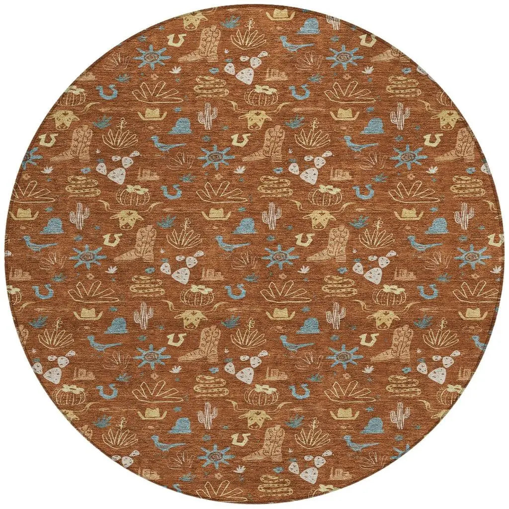8' Orange And Copper Round Cactus Washable Indoor Outdoor Area Rug Homeroots Outdoor
