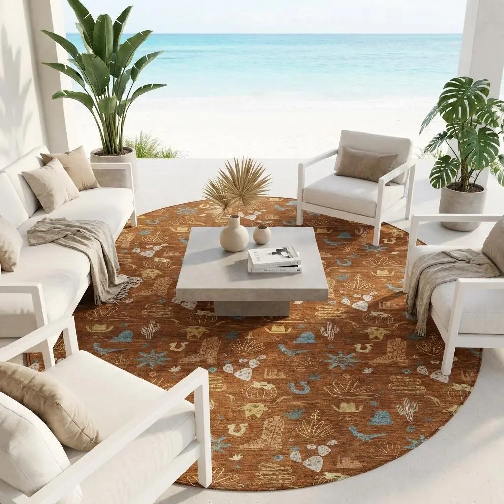 8' Orange And Copper Round Cactus Washable Indoor Outdoor Area Rug Homeroots Outdoor