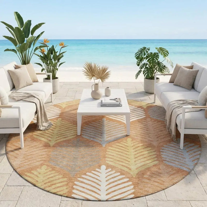 8' Orange And Copper Round Floral Washable Indoor Outdoor Area Rug Homeroots Outdoor