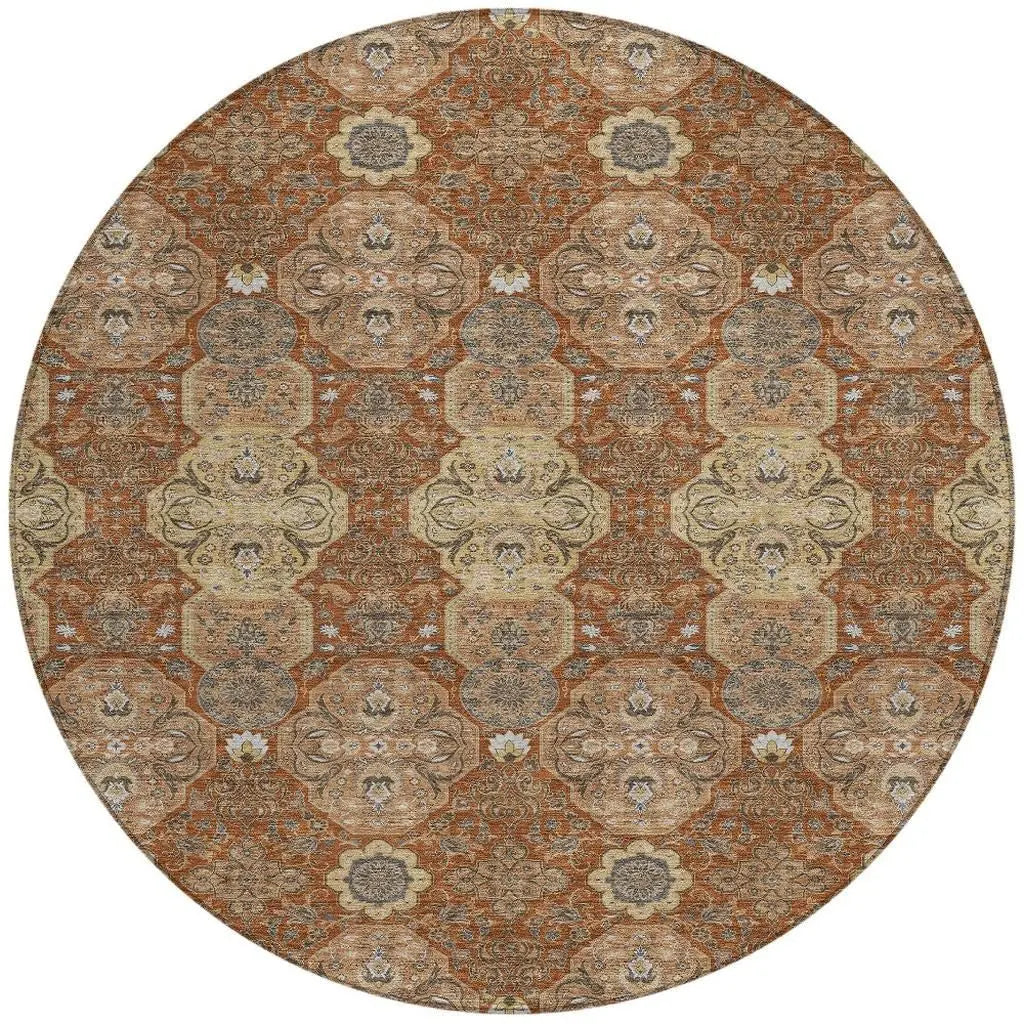 8' Orange And Copper Round Floral Washable Indoor Outdoor Area Rug Homeroots Outdoor