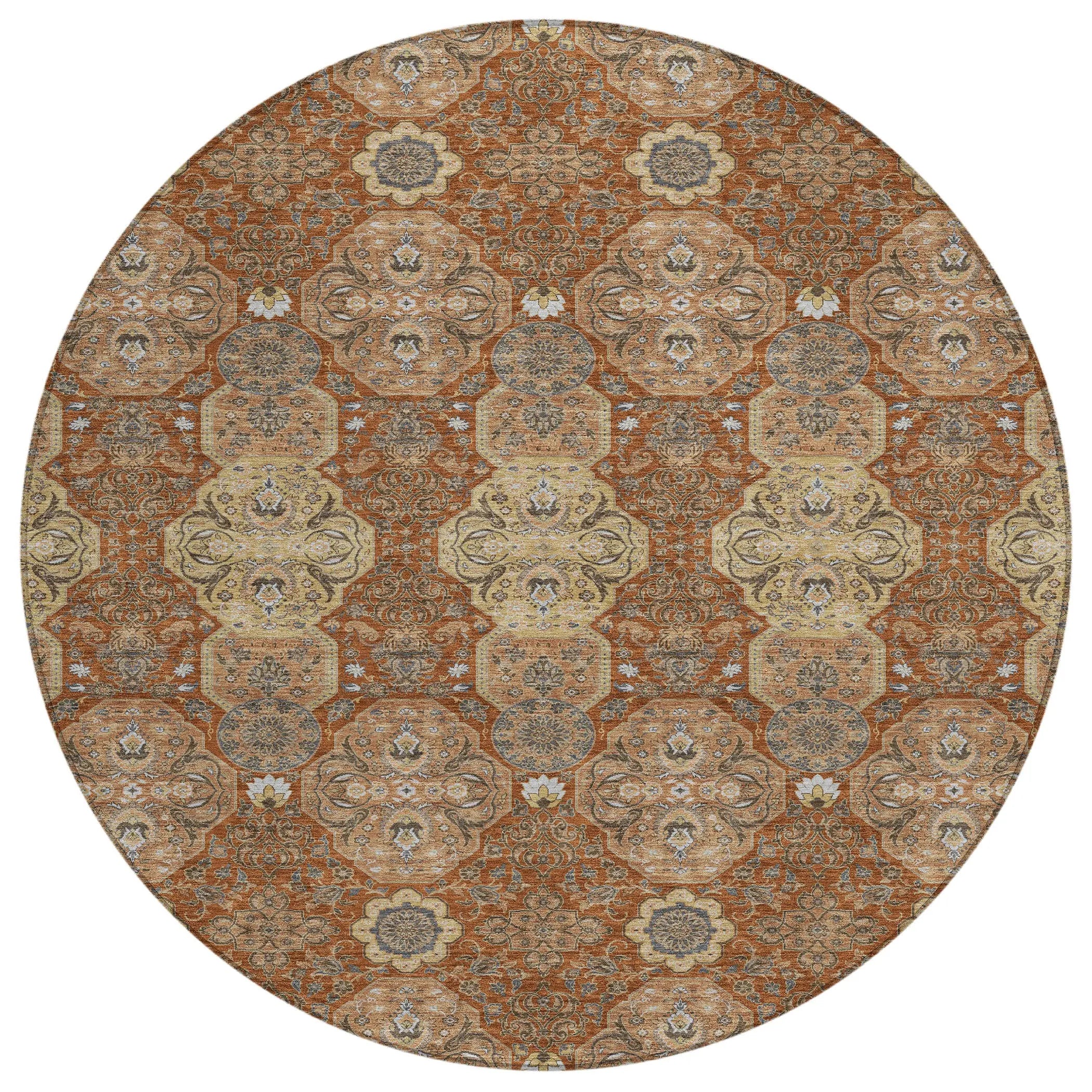 8' Orange And Copper Round Floral Washable Indoor Outdoor Area Rug Homeroots Outdoor