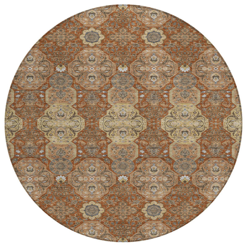 8' Orange And Copper Round Floral Washable Indoor Outdoor Area Rug Homeroots Outdoor