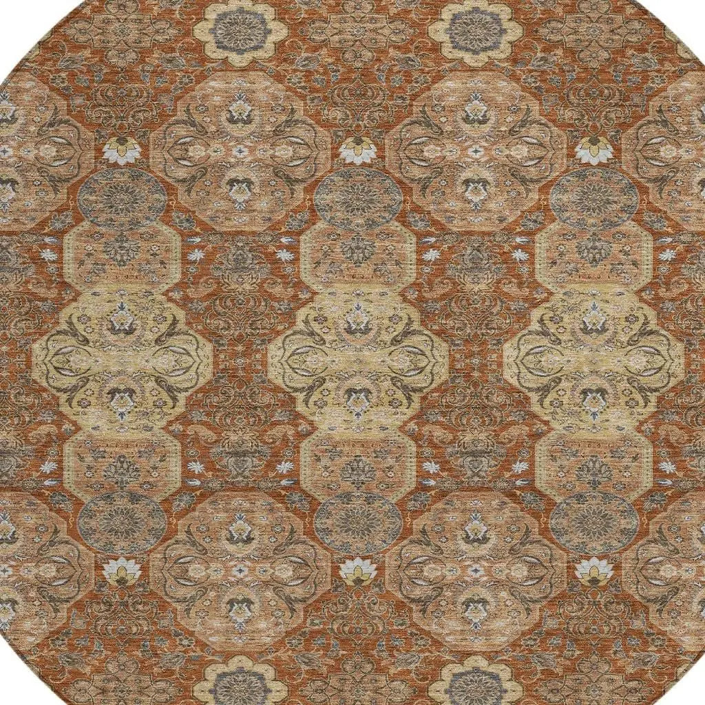 8' Orange And Copper Round Floral Washable Indoor Outdoor Area Rug Homeroots Outdoor
