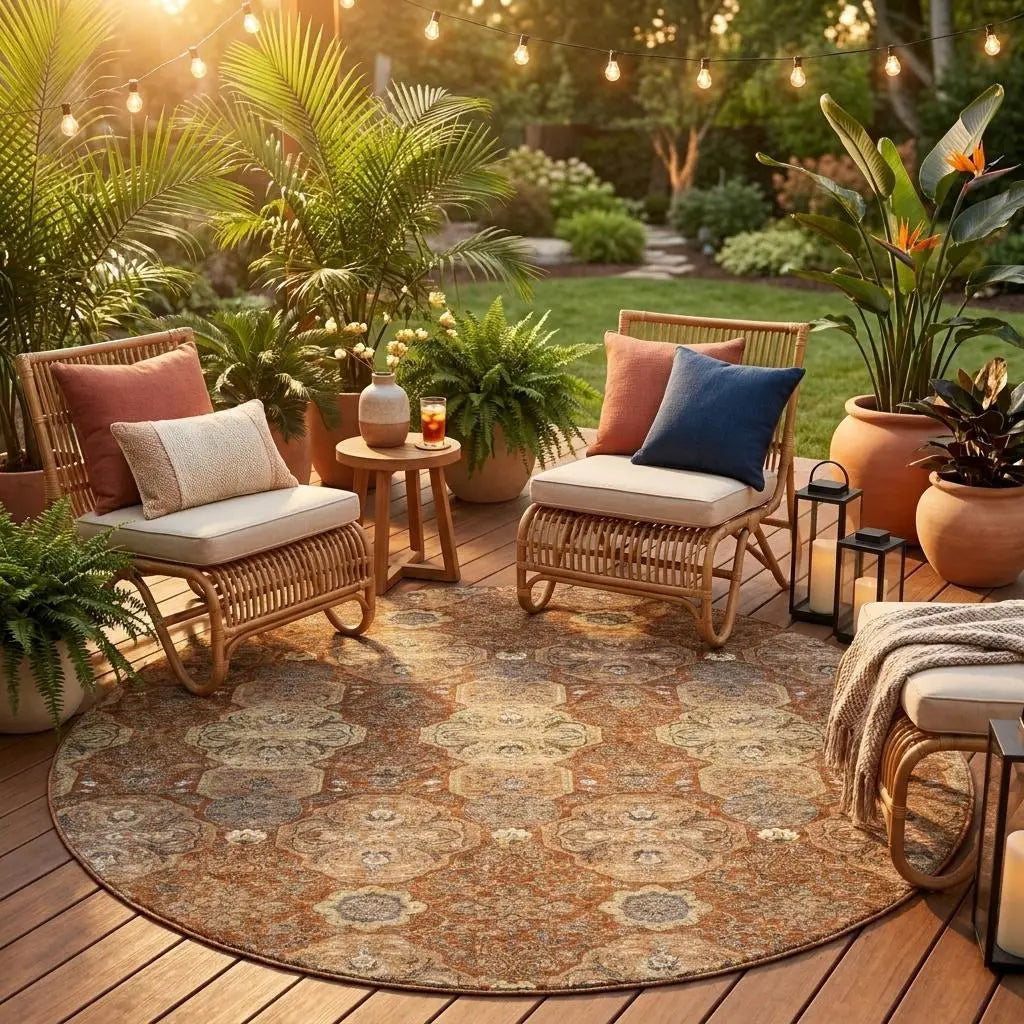 8' Orange And Copper Round Floral Washable Indoor Outdoor Area Rug Homeroots Outdoor