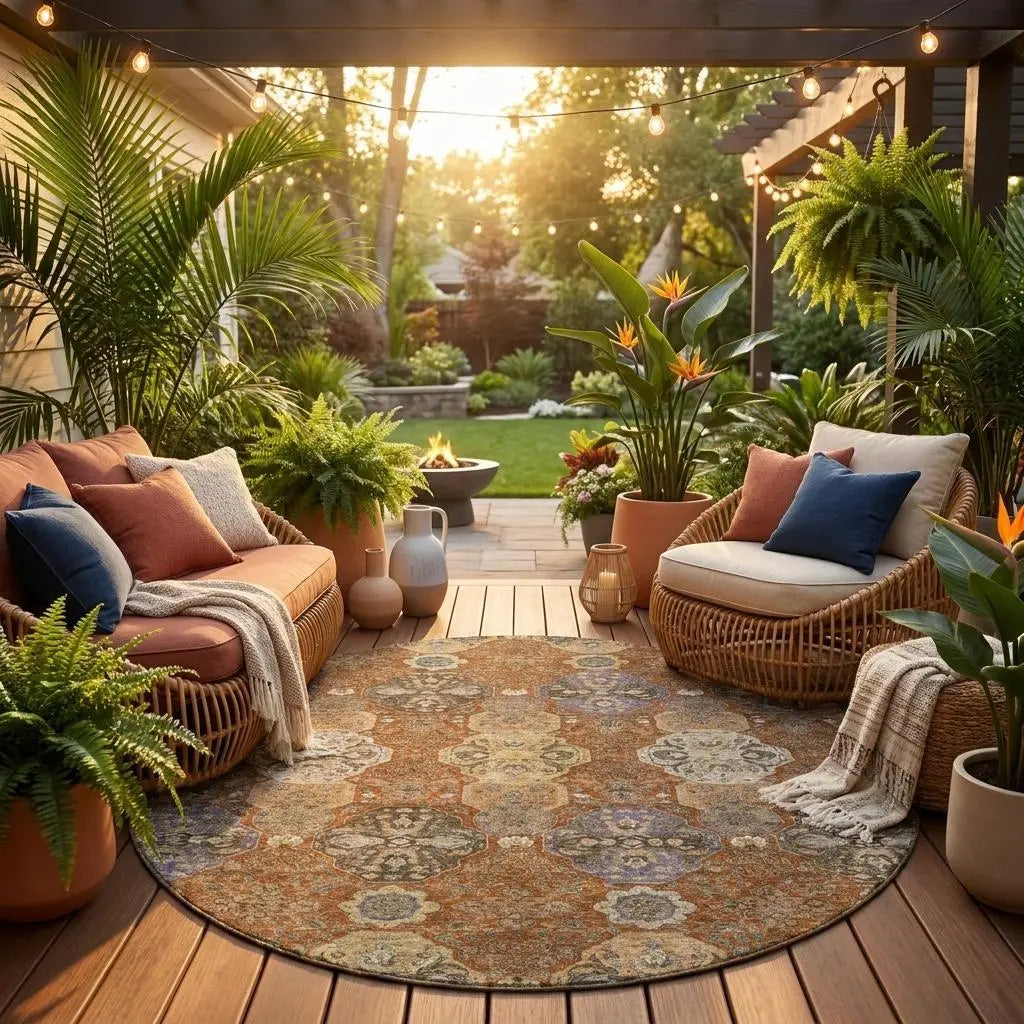 8' Orange And Copper Round Floral Washable Indoor Outdoor Area Rug Homeroots Outdoor
