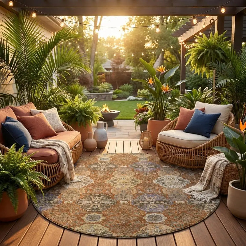 8' Orange And Copper Round Floral Washable Indoor Outdoor Area Rug Homeroots Outdoor