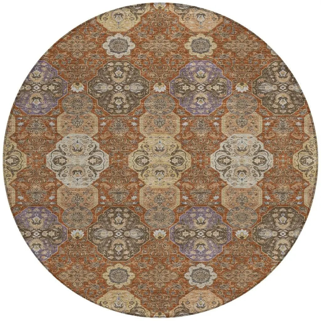8' Orange And Copper Round Floral Washable Indoor Outdoor Area Rug Homeroots Outdoor
