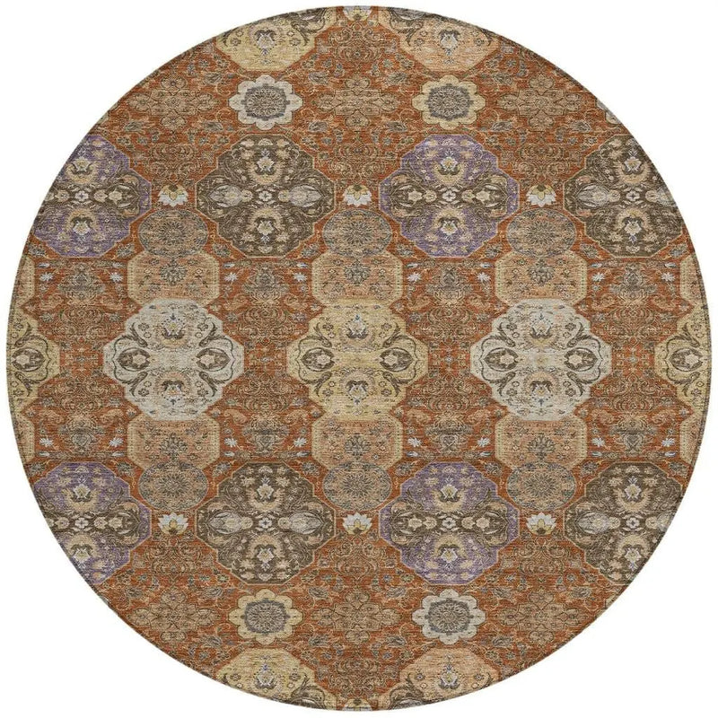 8' Orange And Copper Round Floral Washable Indoor Outdoor Area Rug Homeroots Outdoor