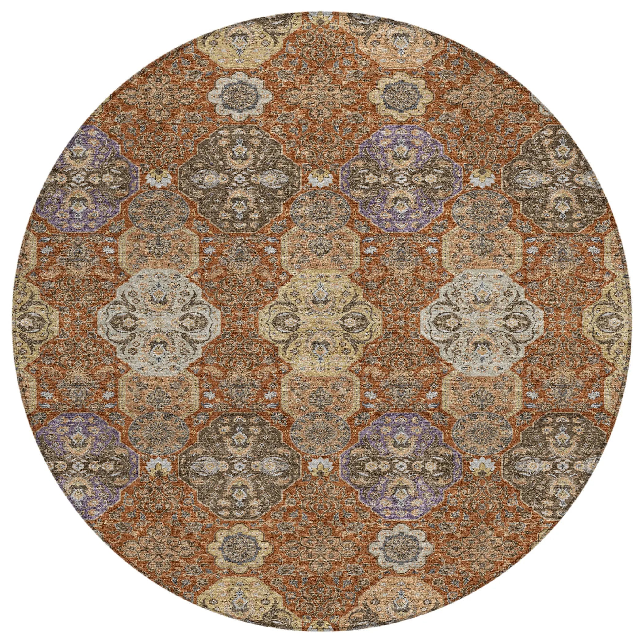 8' Orange And Copper Round Floral Washable Indoor Outdoor Area Rug Homeroots Outdoor
