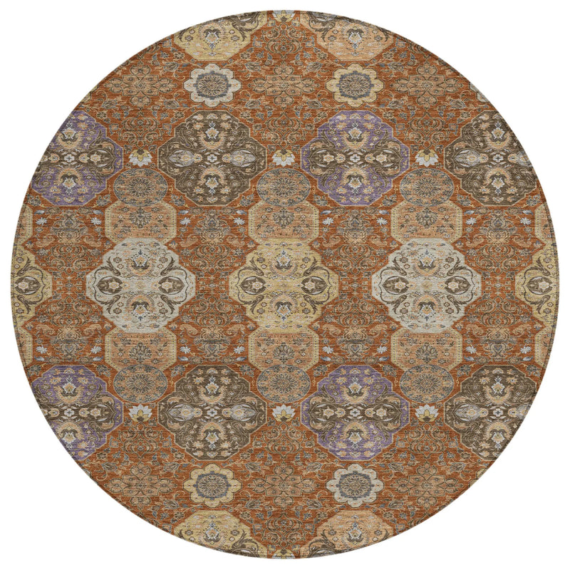 8' Orange And Copper Round Floral Washable Indoor Outdoor Area Rug Homeroots Outdoor