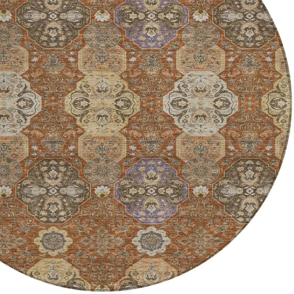8' Orange And Copper Round Floral Washable Indoor Outdoor Area Rug Homeroots Outdoor