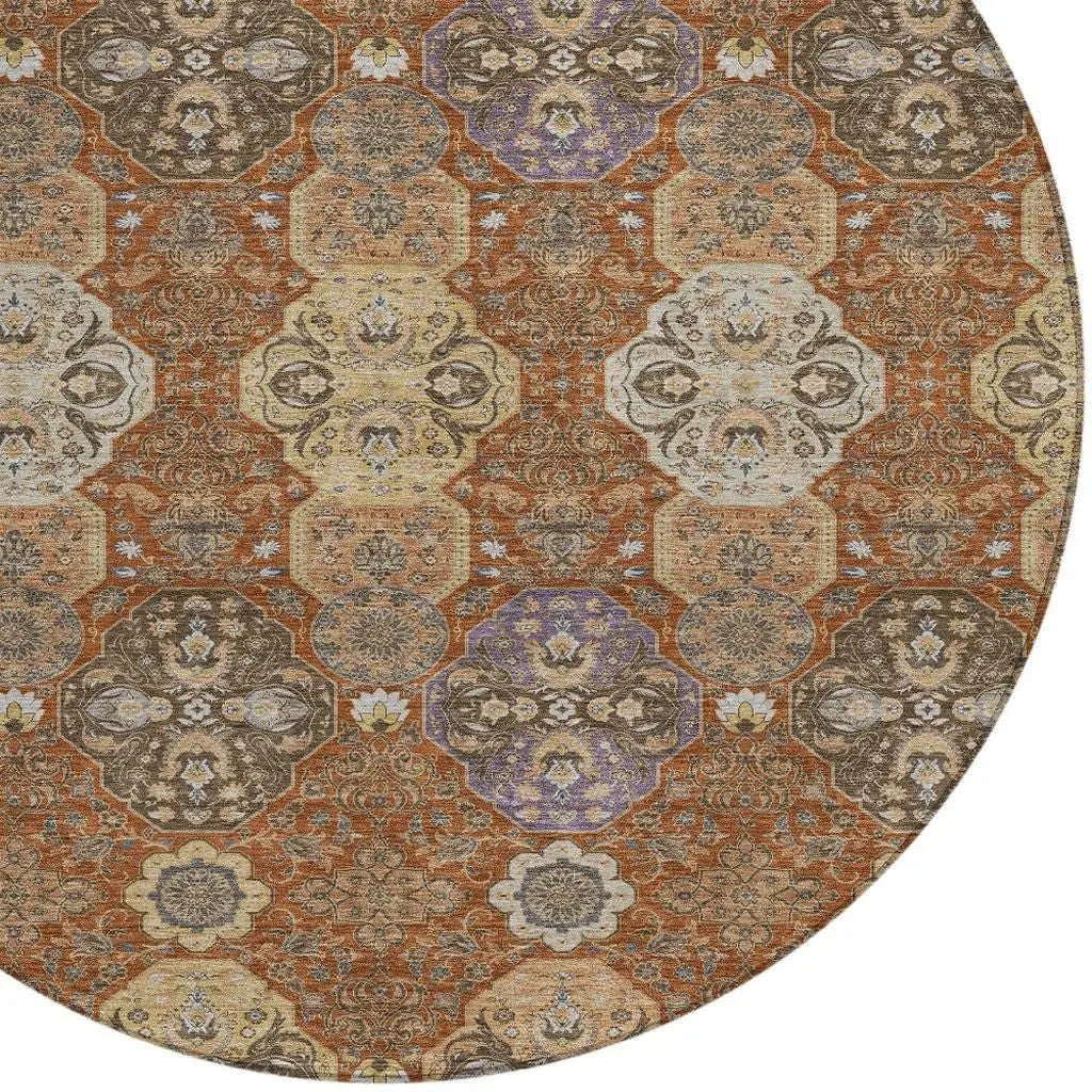 8' Orange And Copper Round Floral Washable Indoor Outdoor Area Rug Homeroots Outdoor