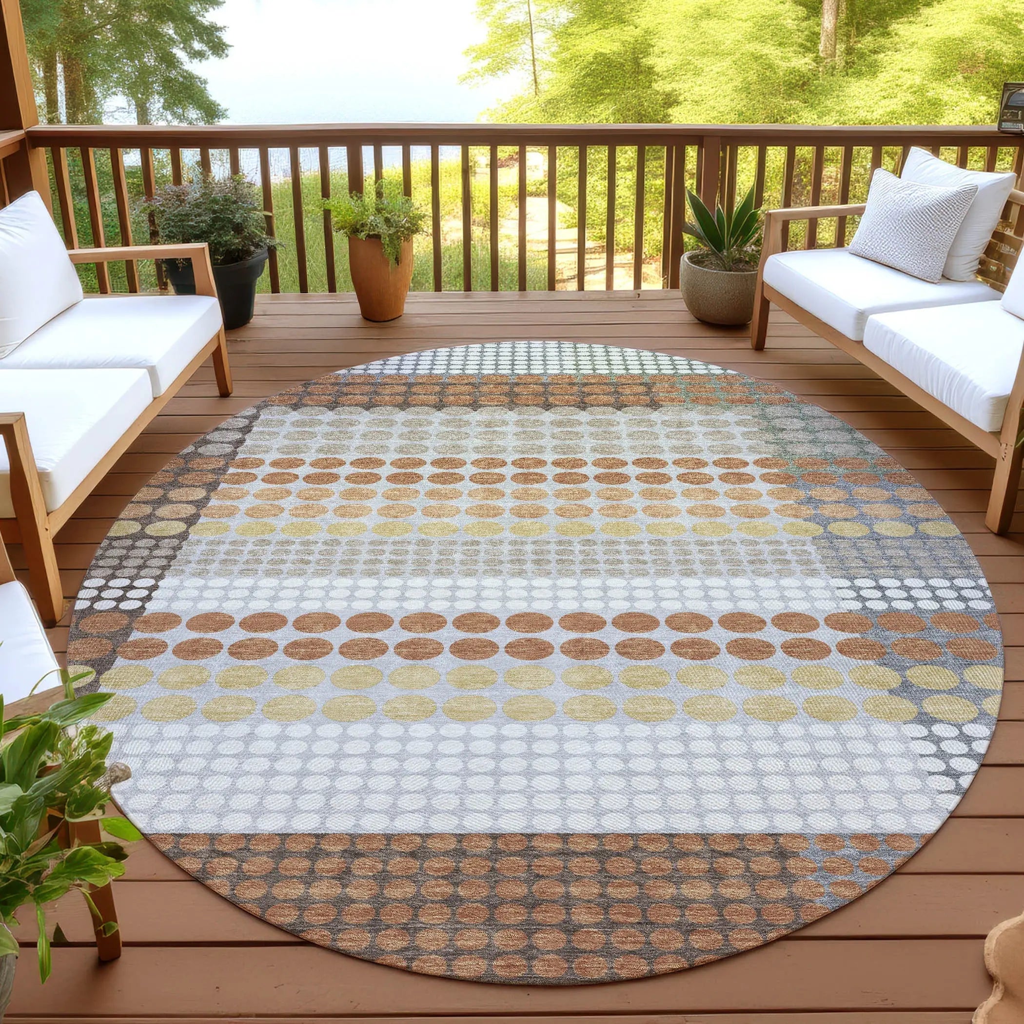 8' Orange And Copper Round Geometric Washable Indoor Outdoor Area Rug Homeroots Outdoor
