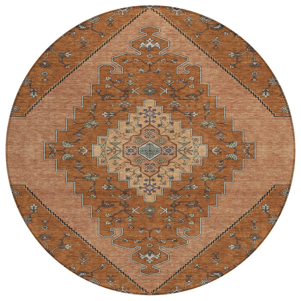 8' Orange And Copper Round Geometric Washable Indoor Outdoor Area Rug Homeroots Outdoor