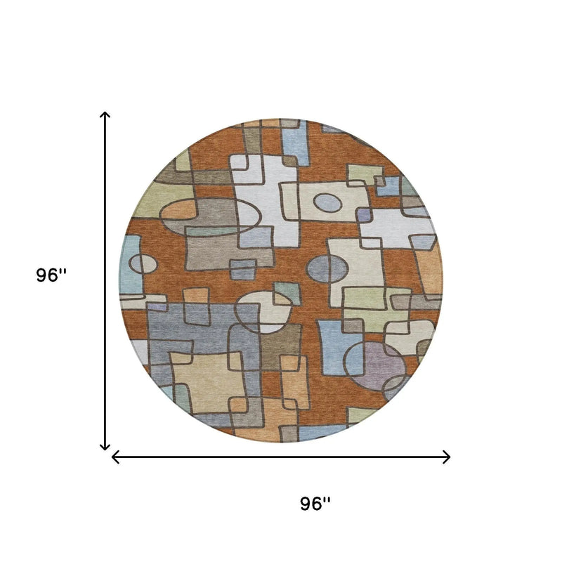 8' Orange And Copper Round Geometric Washable Indoor Outdoor Area Rug Homeroots Outdoor