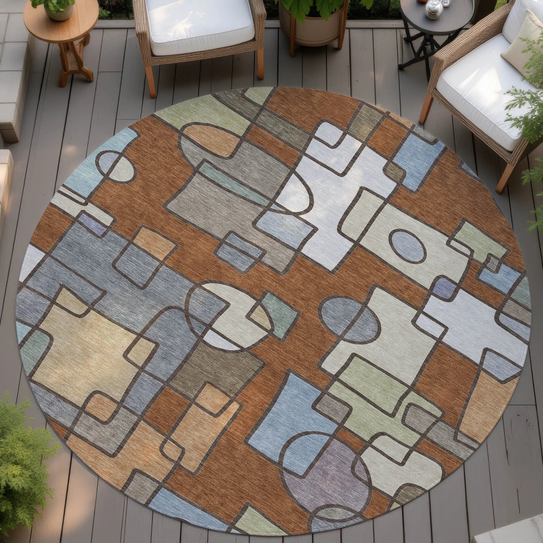 8' Orange And Copper Round Geometric Washable Indoor Outdoor Area Rug Homeroots Outdoor