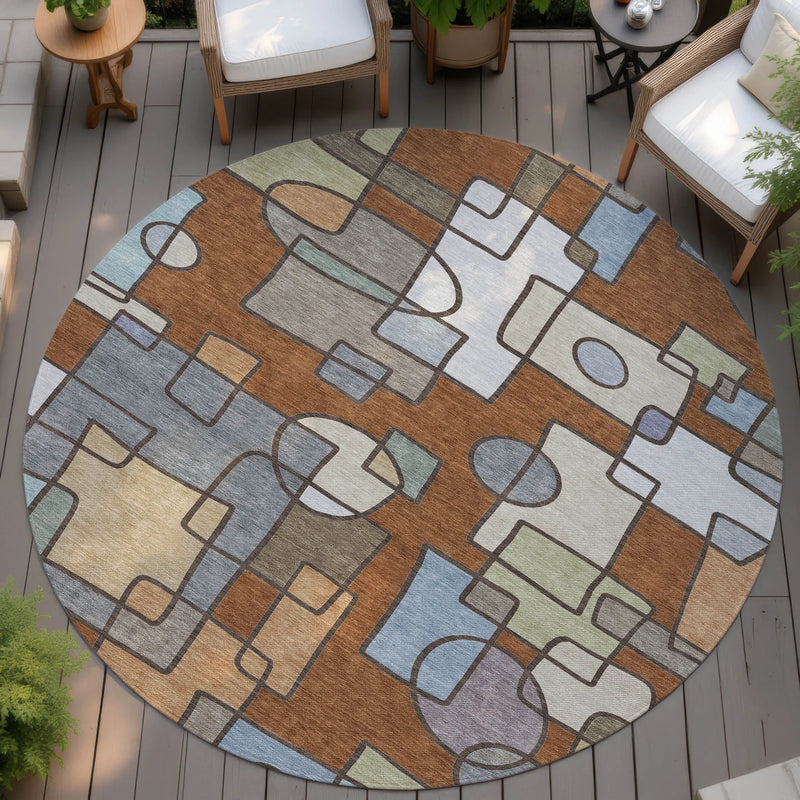 8' Orange And Copper Round Geometric Washable Indoor Outdoor Area Rug Homeroots Outdoor