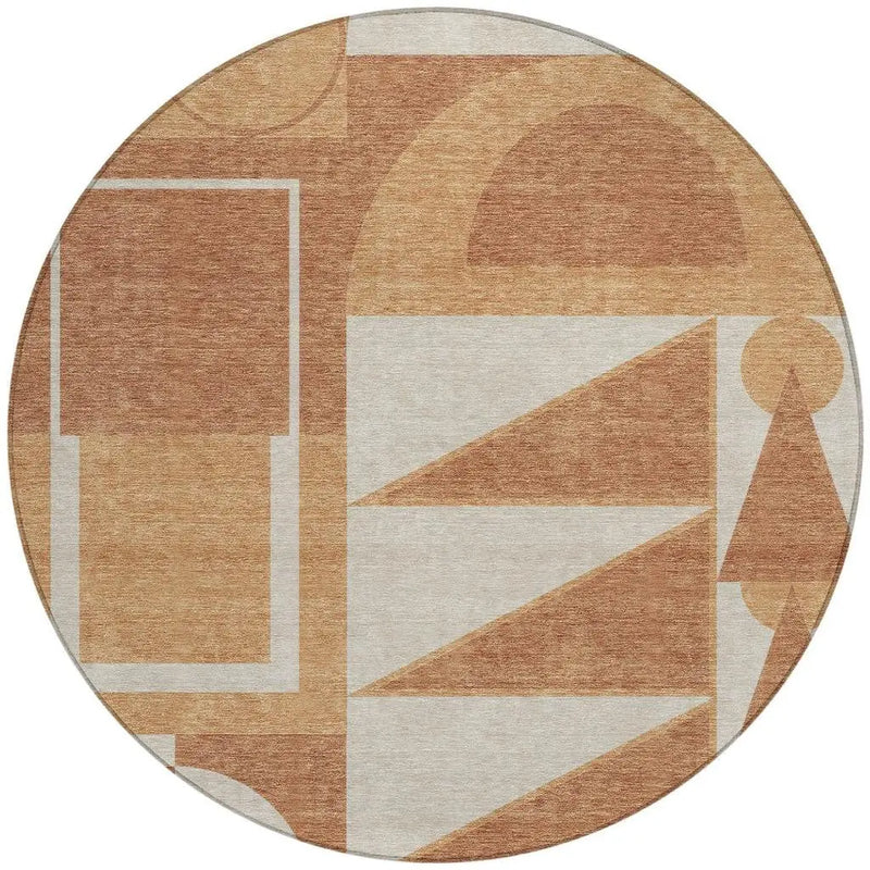 8' Orange And Copper Round Geometric Washable Indoor Outdoor Area Rug Homeroots Outdoor