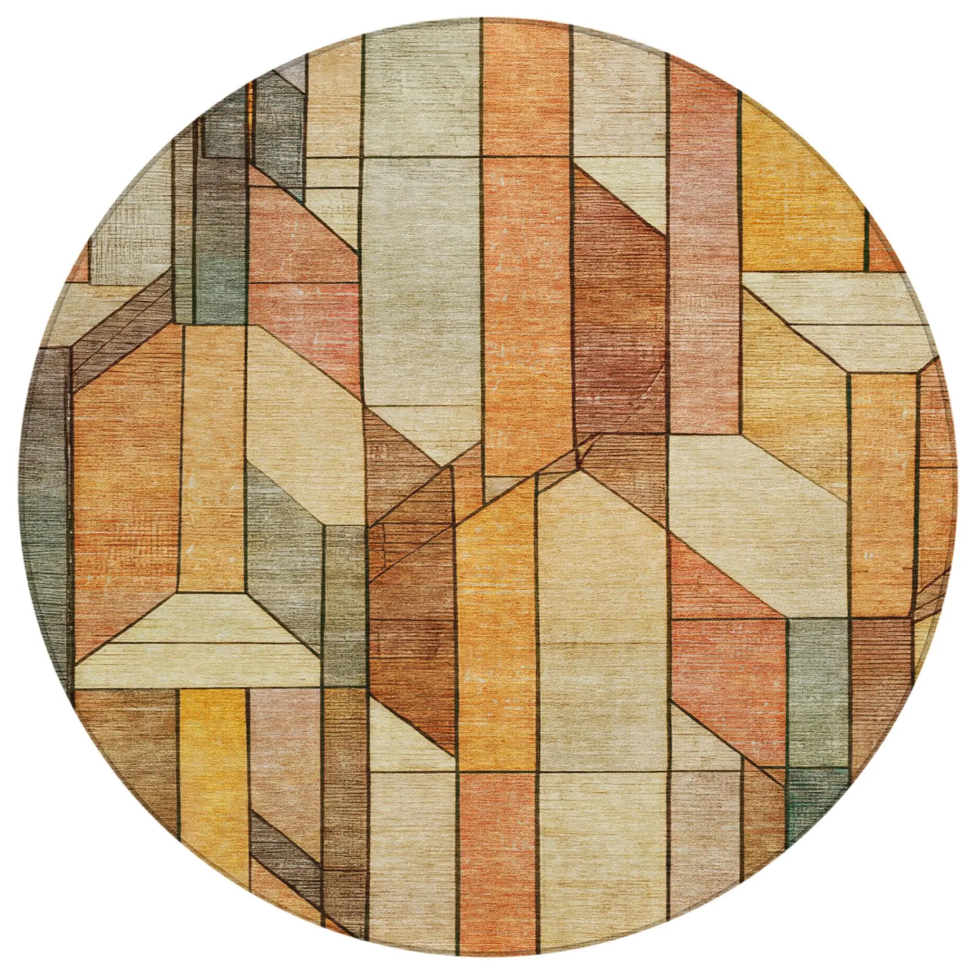 8' Orange And Copper Round Geometric Washable Indoor Outdoor Area Rug Homeroots Outdoor