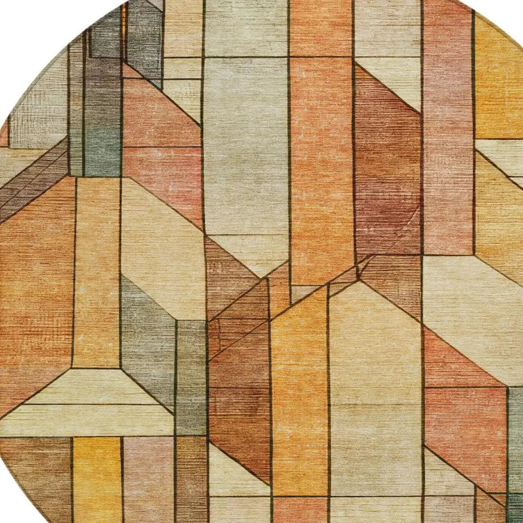 8' Orange And Copper Round Geometric Washable Indoor Outdoor Area Rug Homeroots Outdoor