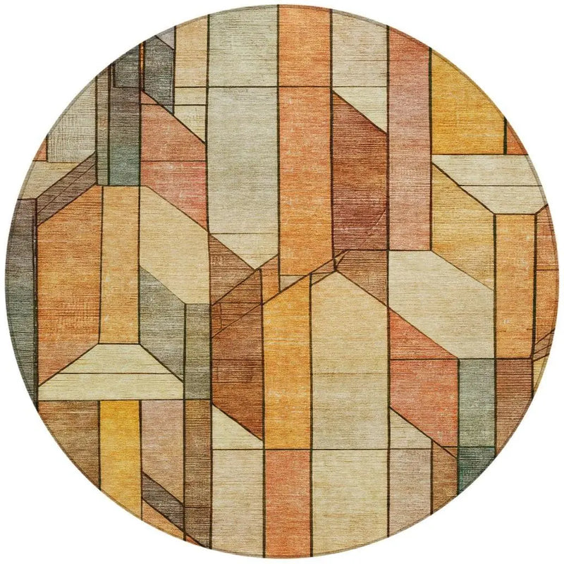 8' Orange And Copper Round Geometric Washable Indoor Outdoor Area Rug Homeroots Outdoor